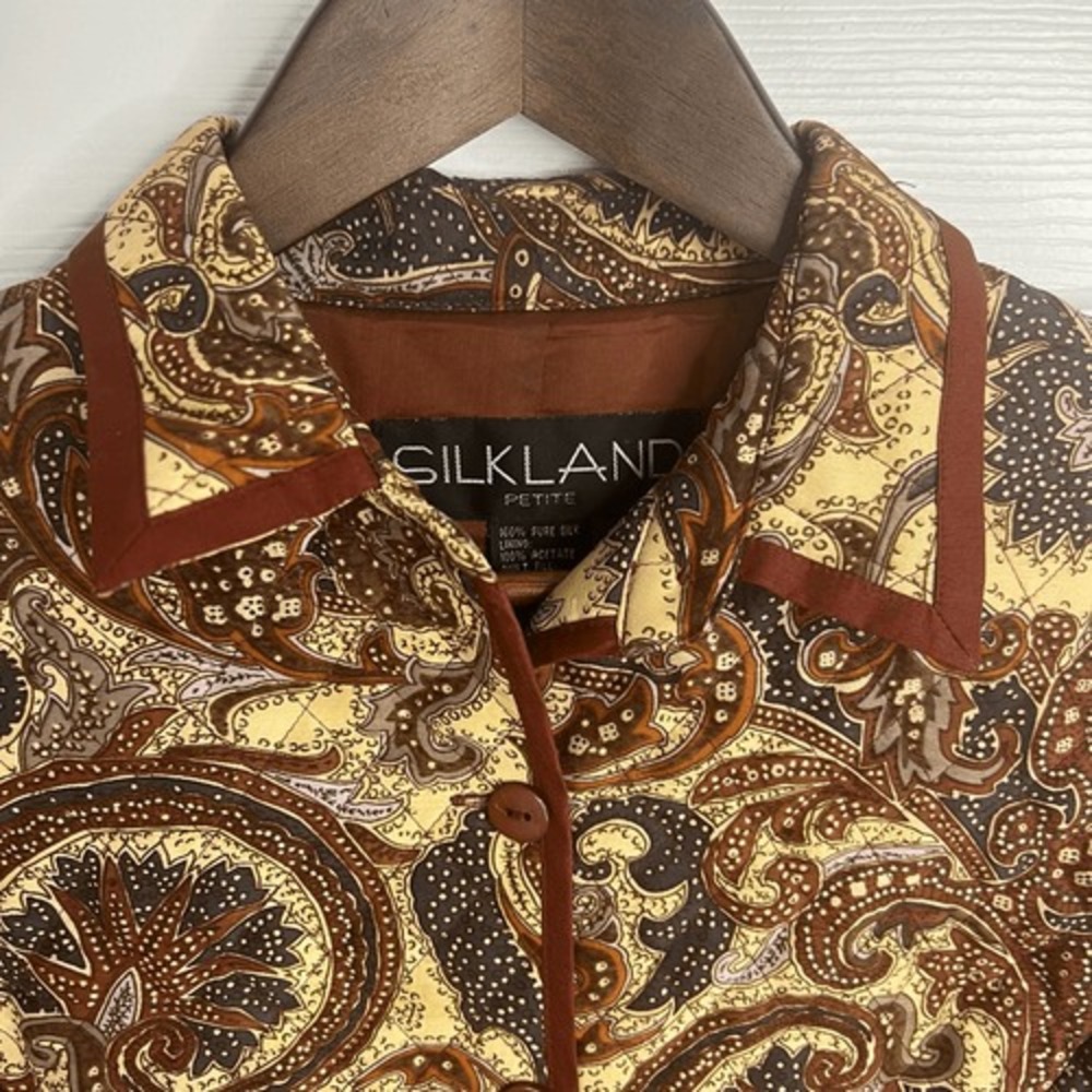 Silkland PP Petite Brown Quilted Lightweight 100% Silk Jacket Grandmacore Chic - Picture 5 of 11